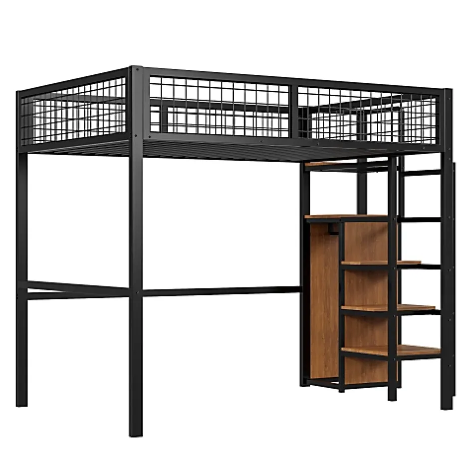 Aapaas Lit mezzanine 140x200 cm en métal noir avec échelle étagères et penderie ouverte pour enfant Online