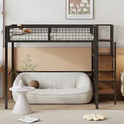 Aapaas Lit mezzanine 140x200 cm en métal noir avec échelle étagères et penderie ouverte pour enfant Online