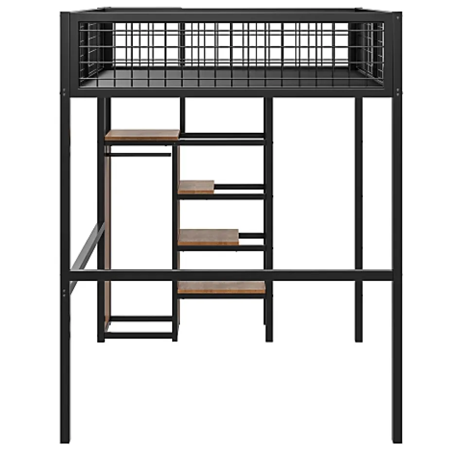 Aapaas Lit mezzanine 140x200 cm en métal noir avec échelle étagères et penderie ouverte pour enfant Online