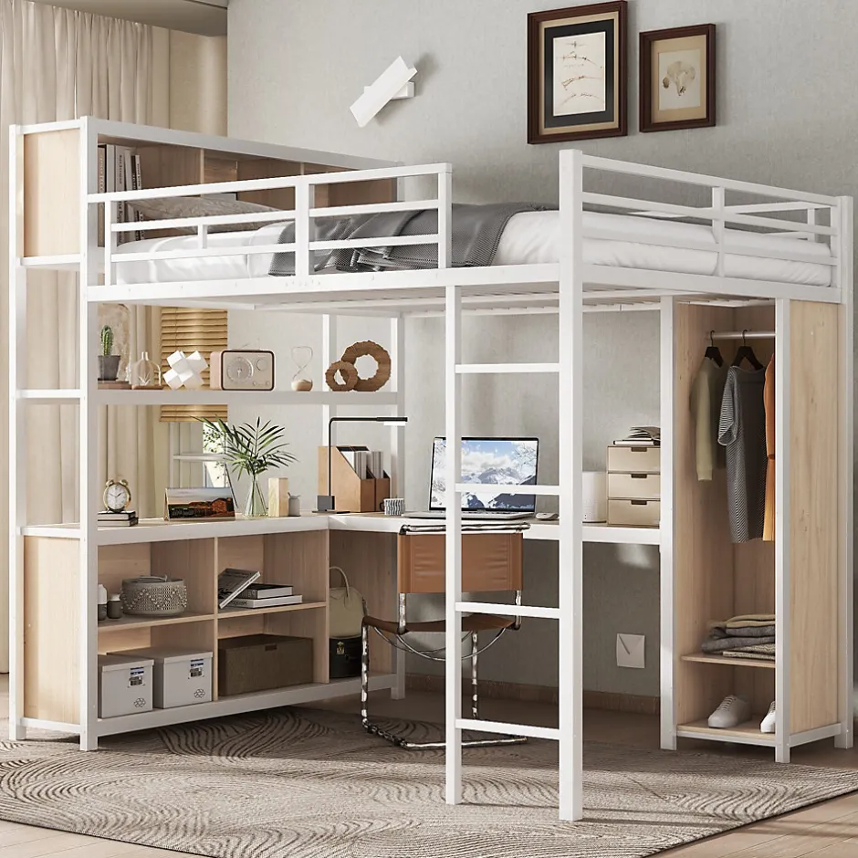 Okwish Lit Mezzanine 140x200 cm en Métal - Lit Double avec Bureau, Penderie et Rangements - Sans Matelas - Blanc