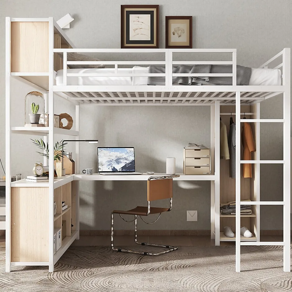 Okwish Lit Mezzanine 140x200 cm en Métal - Lit Double avec Bureau, Penderie et Rangements - Sans Matelas - Blanc