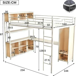 Okwish Lit Mezzanine 140x200 cm en Métal - Lit Double avec Bureau, Penderie et Rangements - Sans Matelas - Blanc