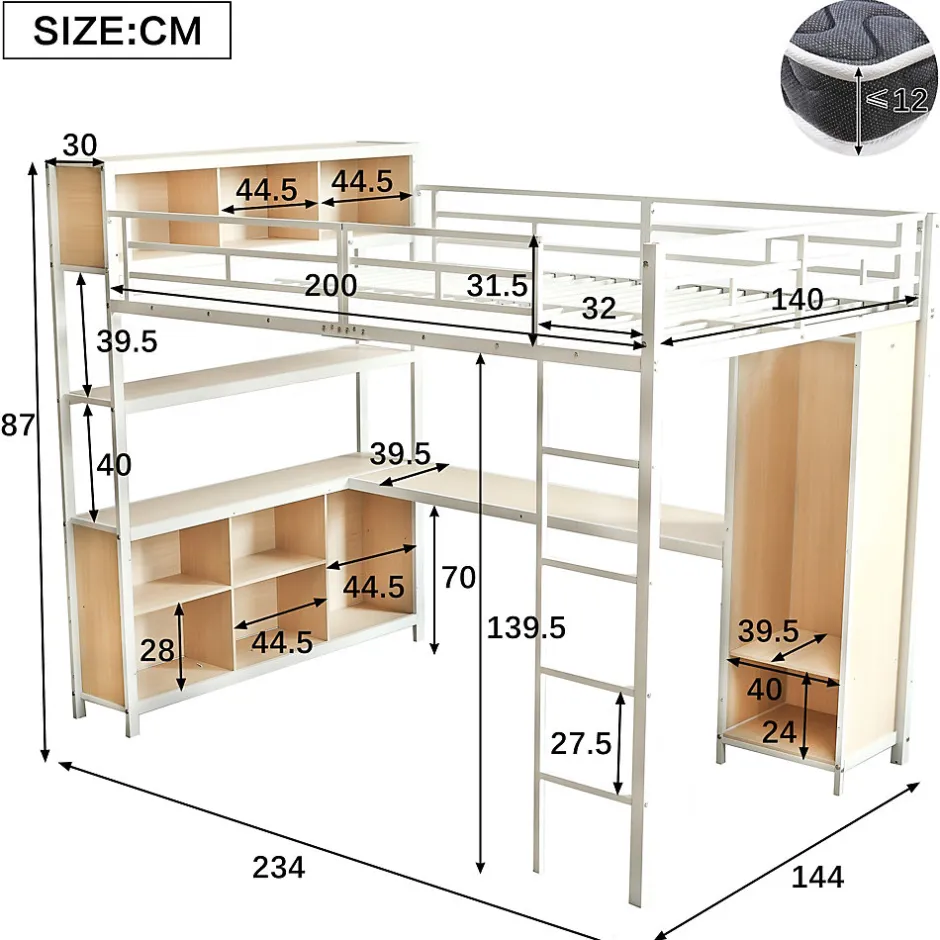 Okwish Lit Mezzanine 140x200 cm en Métal - Lit Double avec Bureau, Penderie et Rangements - Sans Matelas - Blanc