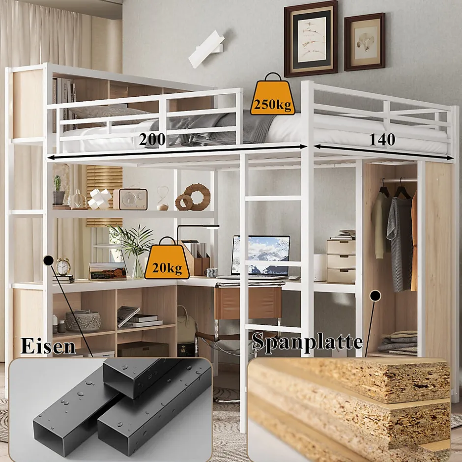 Okwish Lit Mezzanine 140x200 cm en Métal - Lit Double avec Bureau, Penderie et Rangements - Sans Matelas - Blanc