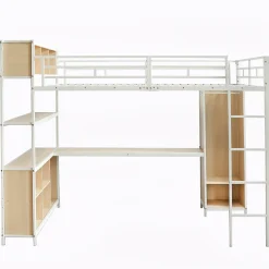 Okwish Lit Mezzanine 140x200 cm en Métal - Lit Double avec Bureau, Penderie et Rangements - Sans Matelas - Blanc