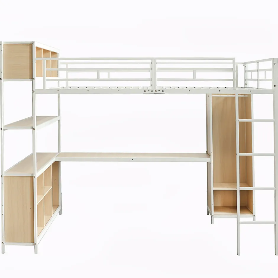 Okwish Lit Mezzanine 140x200 cm en Métal - Lit Double avec Bureau, Penderie et Rangements - Sans Matelas - Blanc