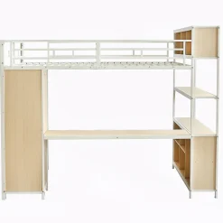 Okwish Lit Mezzanine 140x200 cm en Métal - Lit Double avec Bureau, Penderie et Rangements - Sans Matelas - Blanc