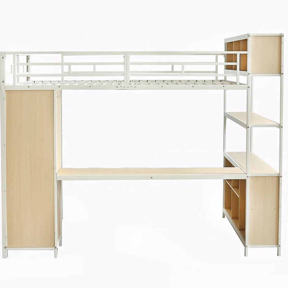 Okwish Lit Mezzanine 140x200 cm en Métal - Lit Double avec Bureau, Penderie et Rangements - Sans Matelas - Blanc