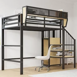 Aapaas Lit mezzanine 90x200 cm en métal noir avec échelle sécurisée et espace de rangement modulable Online