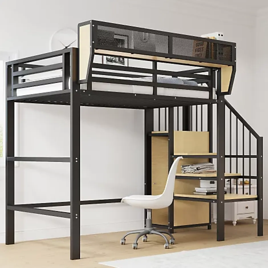 Aapaas Lit mezzanine 90x200 cm en métal noir avec échelle sécurisée et espace de rangement modulable Online