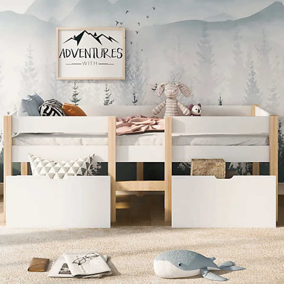 ModernLuxe Lit mezzanine 90x190 cm en pin massif avec tiroirs - Blanc (sans matelas)