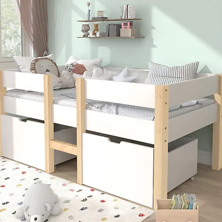 ModernLuxe Lit mezzanine 90x200 cm en pin massif avec tiroirs - Blanc (sans matelas) Online