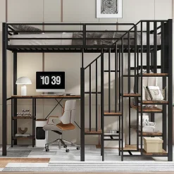 Okwish Lit Mezzanine 120x200 cm enfant, Bureau, Étagères et Rangement, Métal et Bois Vintage, Noir et Bois Vintage, Sans Matelas Best