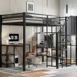 Okwish Lit Mezzanine 120x200 cm enfant, Bureau, Étagères et Rangement, Métal et Bois Vintage, Noir et Bois Vintage, Sans Matelas Best