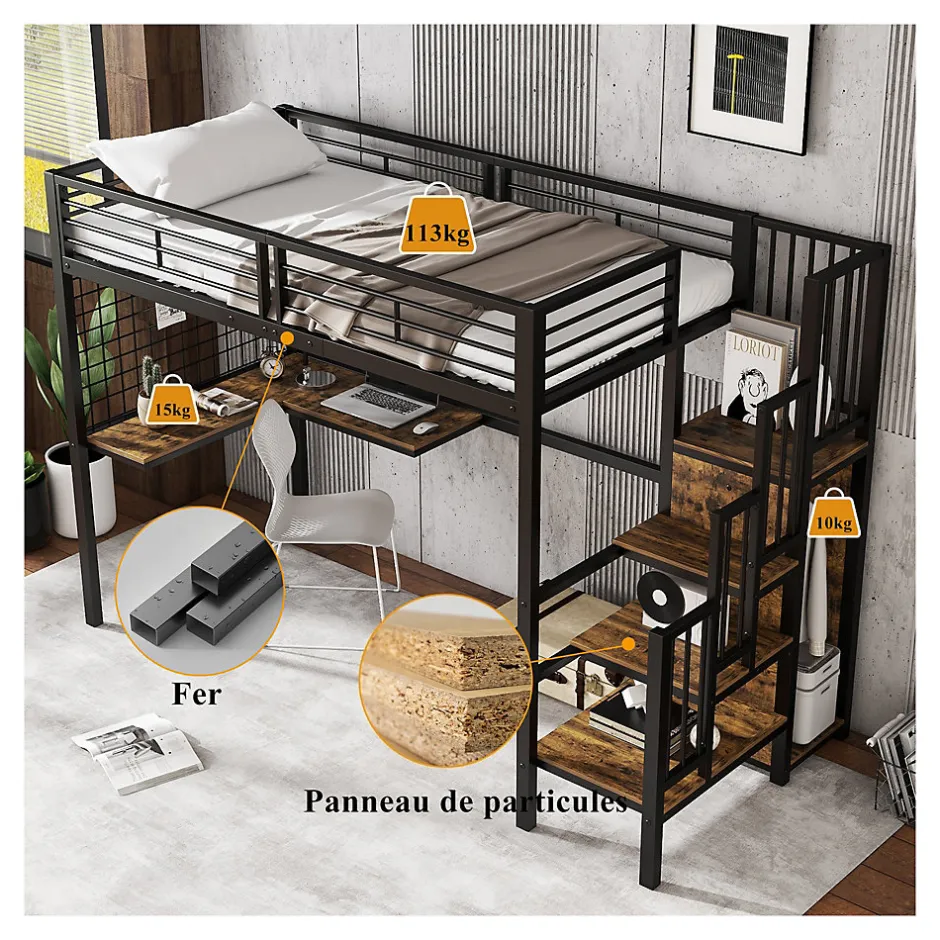 Okwish Lit mezzanine 90x200 cm enfant métal avec bureau et armoire intégrée, échelle sécurisée, blanc et naturel sans matelas