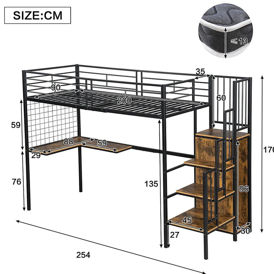 Okwish Lit mezzanine 90x200 cm enfant métal avec bureau et armoire intégrée, échelle sécurisée, blanc et naturel sans matelas