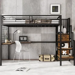 Okwish Lit mezzanine 90x200 cm enfant métal avec bureau et armoire intégrée, échelle sécurisée, blanc et naturel sans matelas