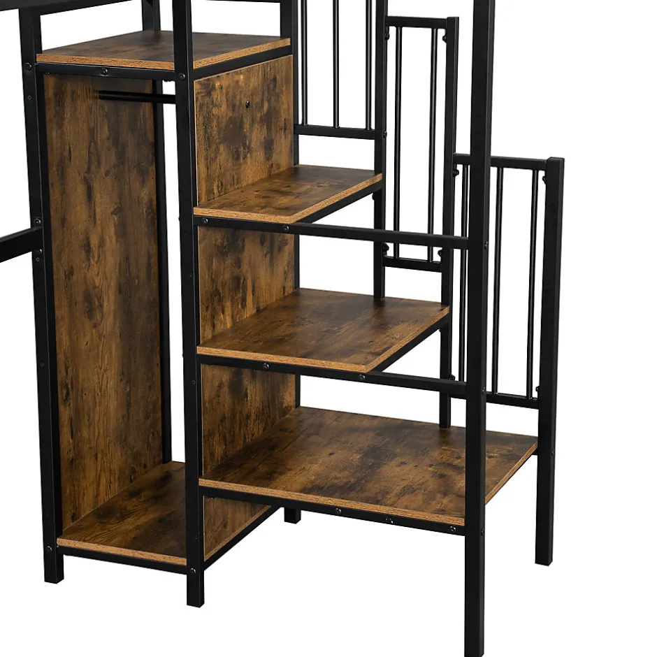 Okwish Lit mezzanine 90x200 cm enfant métal avec bureau et armoire intégrée, échelle sécurisée, blanc et naturel sans matelas