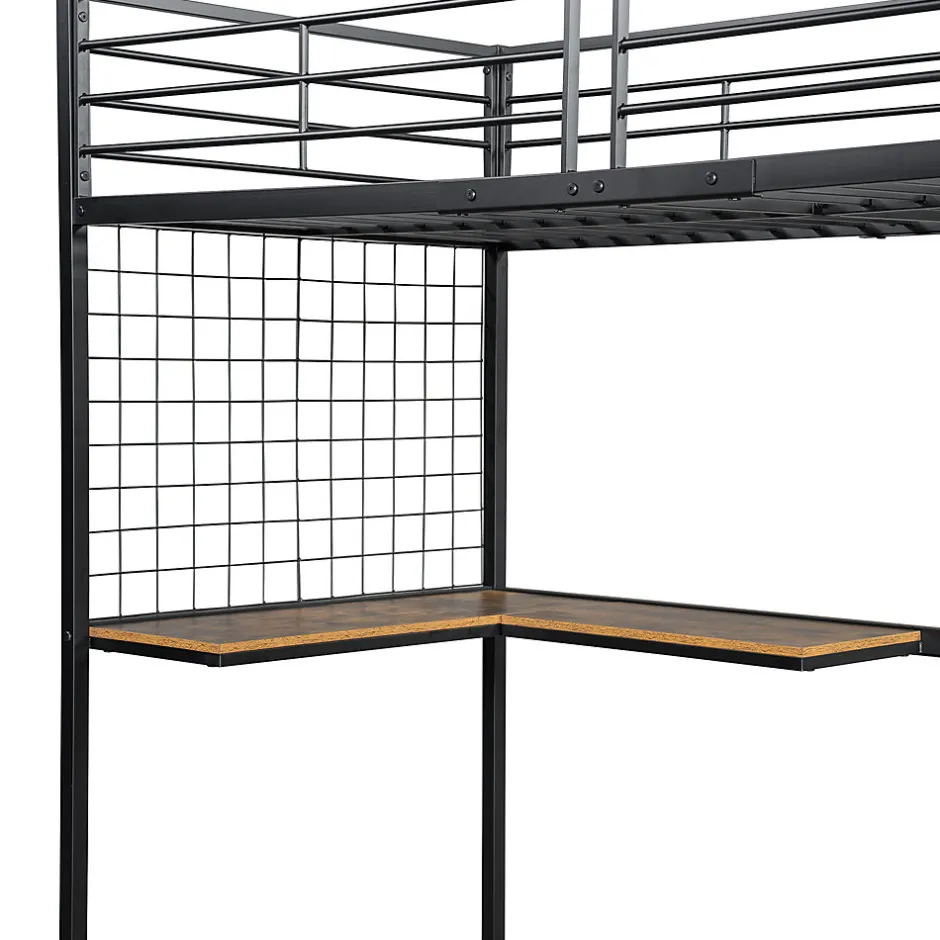 Okwish Lit mezzanine 90x200 cm enfant métal avec bureau et armoire intégrée, échelle sécurisée, blanc et naturel sans matelas
