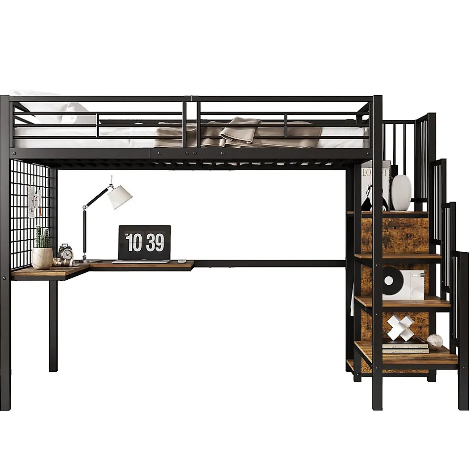 Okwish Lit mezzanine 90x200 cm enfant métal avec bureau et armoire intégrée, échelle sécurisée, blanc et naturel sans matelas