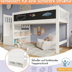 Okwish Lit Mezzanine 90x200 cm enfant, Bureau, Rangement, Tiroirs, Protection Anti-Chute, Tableau Blanc/Noir, Bois Blanc, Sans Matelas Outlet