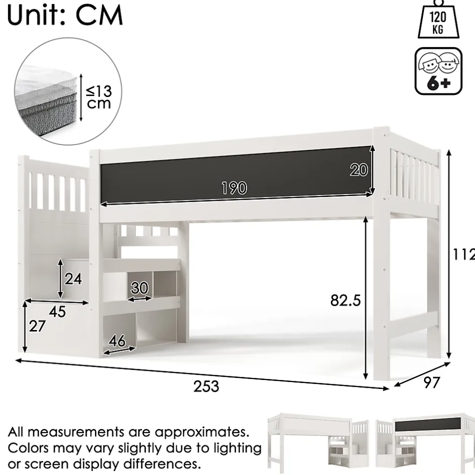 Okwish Lit Mezzanine 90x200 cm enfant, Bureau, Rangement, Tiroirs, Protection Anti-Chute, Tableau Blanc/Noir, Bois Blanc, Sans Matelas Outlet