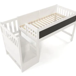 Okwish Lit Mezzanine 90x200 cm enfant, Bureau, Rangement, Tiroirs, Protection Anti-Chute, Tableau Blanc/Noir, Bois Blanc, Sans Matelas Outlet