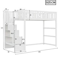 Okwish Lit mezzanine 90x200 cm enfant avec escalier intégré, barrières de sécurité, déco lune et étoiles, bois massif blanc sans matelas Outlet