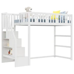 Okwish Lit mezzanine 90x200 cm enfant avec escalier intégré, barrières de sécurité, déco lune et étoiles, bois massif blanc sans matelas Outlet