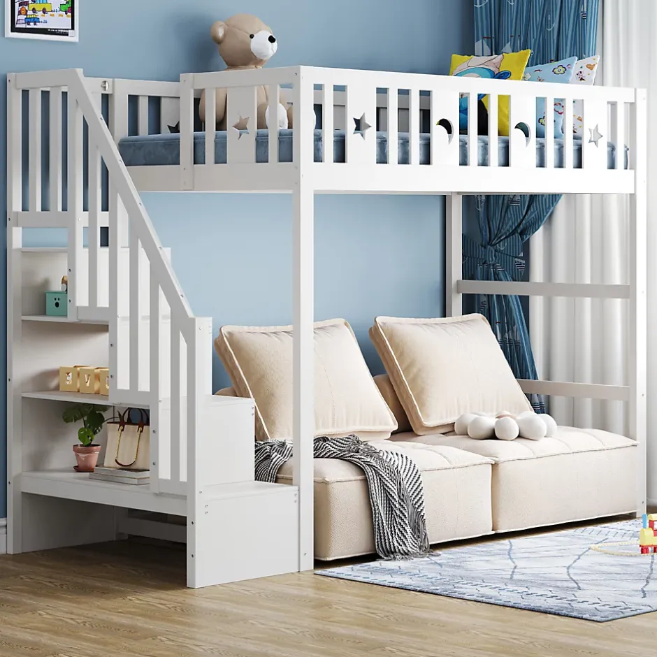 Okwish Lit mezzanine 90x200 cm enfant avec escalier intégré, barrières de sécurité, déco lune et étoiles, bois massif blanc sans matelas Outlet