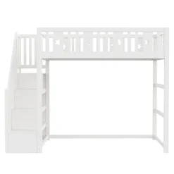 Okwish Lit mezzanine 90x200 cm enfant avec escalier intégré, barrières de sécurité, déco lune et étoiles, bois massif blanc sans matelas Outlet