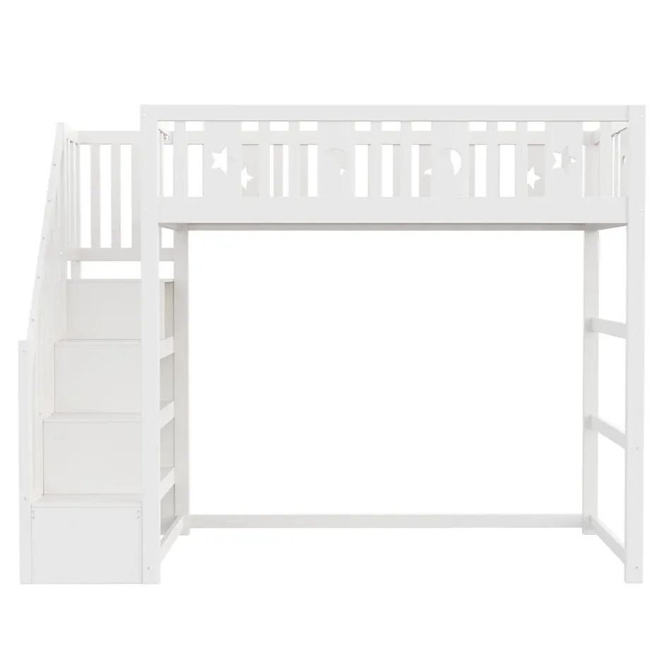 Okwish Lit mezzanine 90x200 cm enfant avec escalier intégré, barrières de sécurité, déco lune et étoiles, bois massif blanc sans matelas Outlet