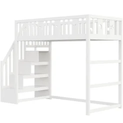 Okwish Lit mezzanine 90x200 cm enfant avec escalier intégré, barrières de sécurité, déco lune et étoiles, bois massif blanc sans matelas Outlet