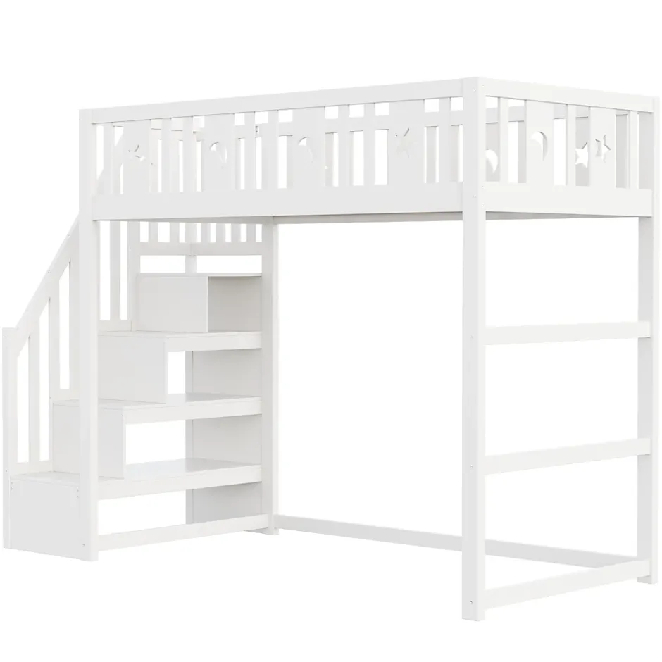 Okwish Lit mezzanine 90x200 cm enfant avec escalier intégré, barrières de sécurité, déco lune et étoiles, bois massif blanc sans matelas Outlet