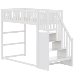Okwish Lit mezzanine 90x200 cm enfant avec escalier intégré, barrières de sécurité, déco lune et étoiles, bois massif blanc sans matelas Outlet
