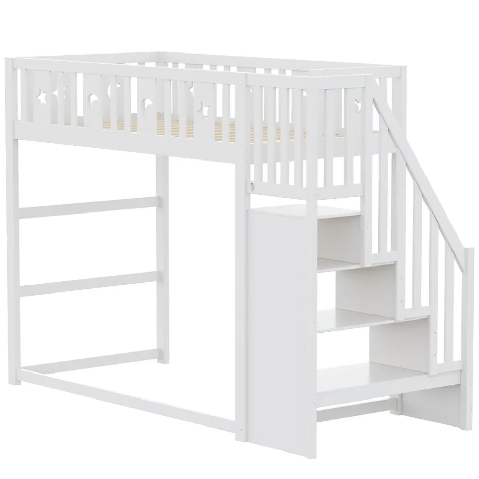 Okwish Lit mezzanine 90x200 cm enfant avec escalier intégré, barrières de sécurité, déco lune et étoiles, bois massif blanc sans matelas Outlet
