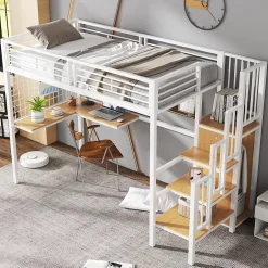 Okwish Lit mezzanine 90x200 cm enfant métal avec bureau et armoire intégrée, échelle sécurisée, blanc et naturel sans matelas