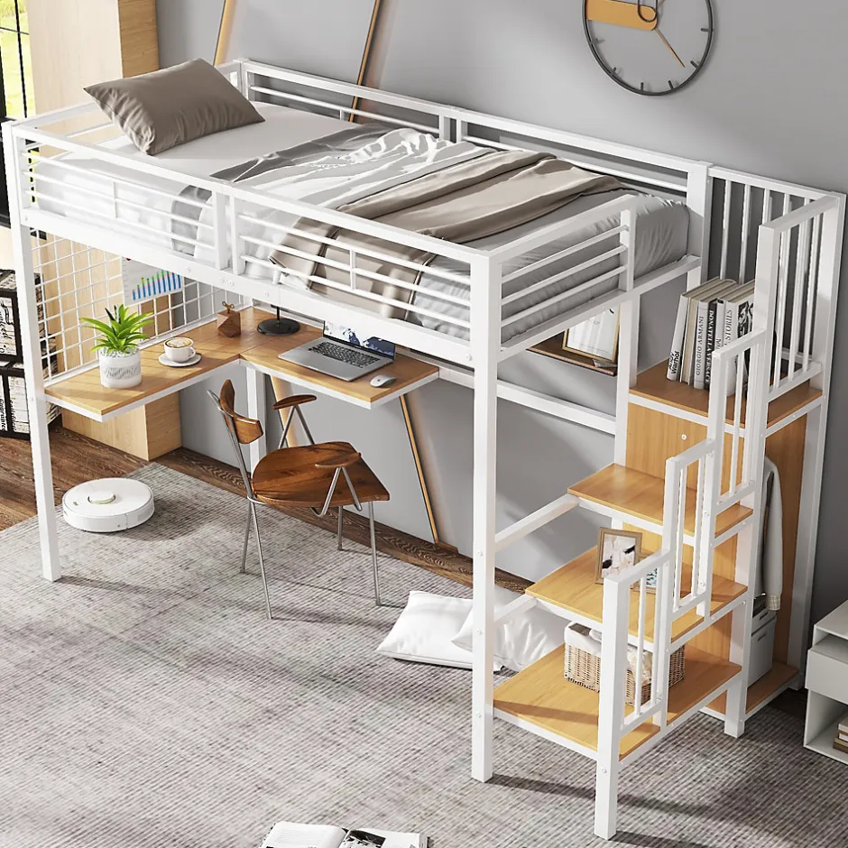 Okwish Lit mezzanine 90x200 cm enfant métal avec bureau et armoire intégrée, échelle sécurisée, blanc et naturel sans matelas