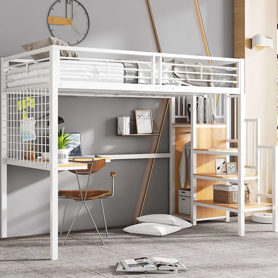 Okwish Lit mezzanine 90x200 cm enfant métal avec bureau et armoire intégrée, échelle sécurisée, blanc et naturel sans matelas