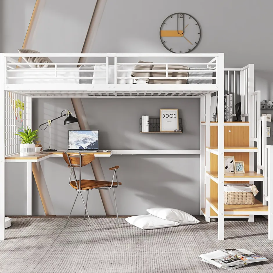 Okwish Lit mezzanine 90x200 cm enfant métal avec bureau et armoire intégrée, échelle sécurisée, blanc et naturel sans matelas