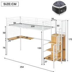 Okwish Lit mezzanine 90x200 cm enfant métal avec bureau et armoire intégrée, échelle sécurisée, blanc et naturel sans matelas