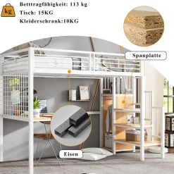 Okwish Lit mezzanine 90x200 cm enfant métal avec bureau et armoire intégrée, échelle sécurisée, blanc et naturel sans matelas