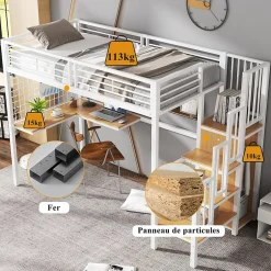 Okwish Lit mezzanine 90x200 cm enfant métal avec bureau et armoire intégrée, échelle sécurisée, blanc et naturel sans matelas