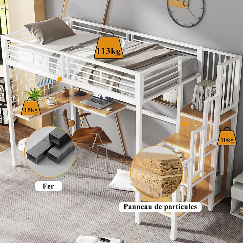 Okwish Lit mezzanine 90x200 cm enfant métal avec bureau et armoire intégrée, échelle sécurisée, blanc et naturel sans matelas