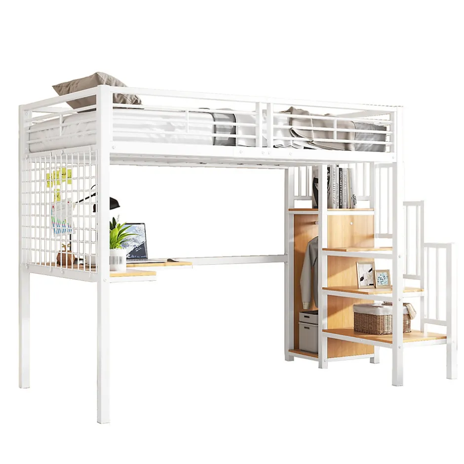 Okwish Lit mezzanine 90x200 cm enfant métal avec bureau et armoire intégrée, échelle sécurisée, blanc et naturel sans matelas