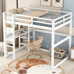 Okwish Lit mezzanine 140x200 cm enfant avec bureau et 4 compartiments de rangement, lit combiné bois naturel blanc sans matelas
