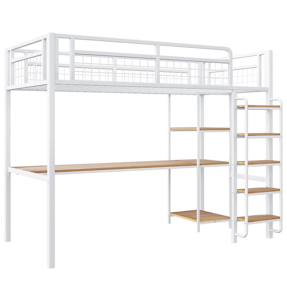 Okwish Lit mezzanine 90x200 cm enfant métal, bureau et étagères intégrés, échelle de sécurité, garde-corps métal, blanc - Sans matelas Outlet