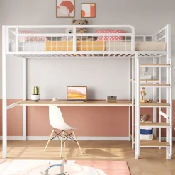 Okwish Lit mezzanine 90x200 cm enfant métal, bureau et étagères intégrés, échelle de sécurité, garde-corps métal, blanc - Sans matelas Outlet