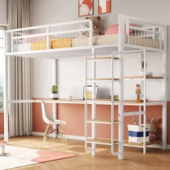 Okwish Lit mezzanine 90x200 cm enfant métal, bureau et étagères intégrés, échelle de sécurité, garde-corps métal, blanc - Sans matelas Outlet
