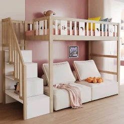 Okwish Lit mezzanine 90x200 cm enfant avec escalier intégré et sécurité, décor lune et étoiles, bois massif blanc et bois sans matelas